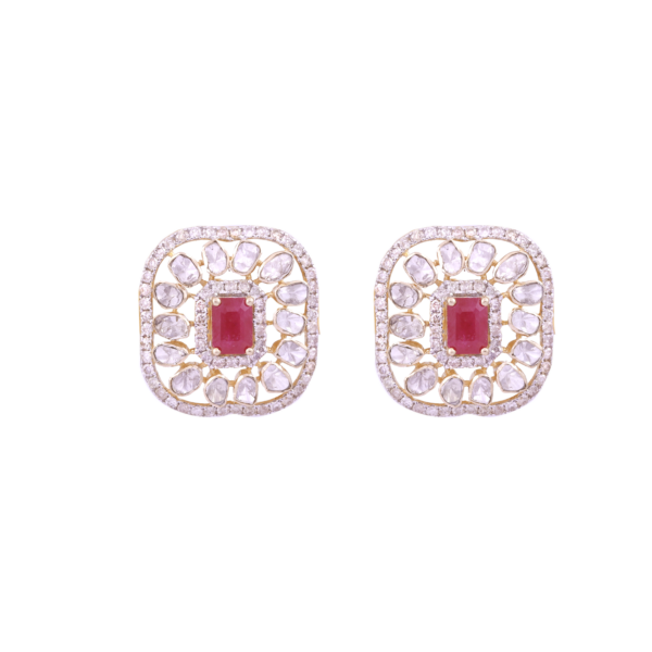 Ruby Polki With Diamond Earrings